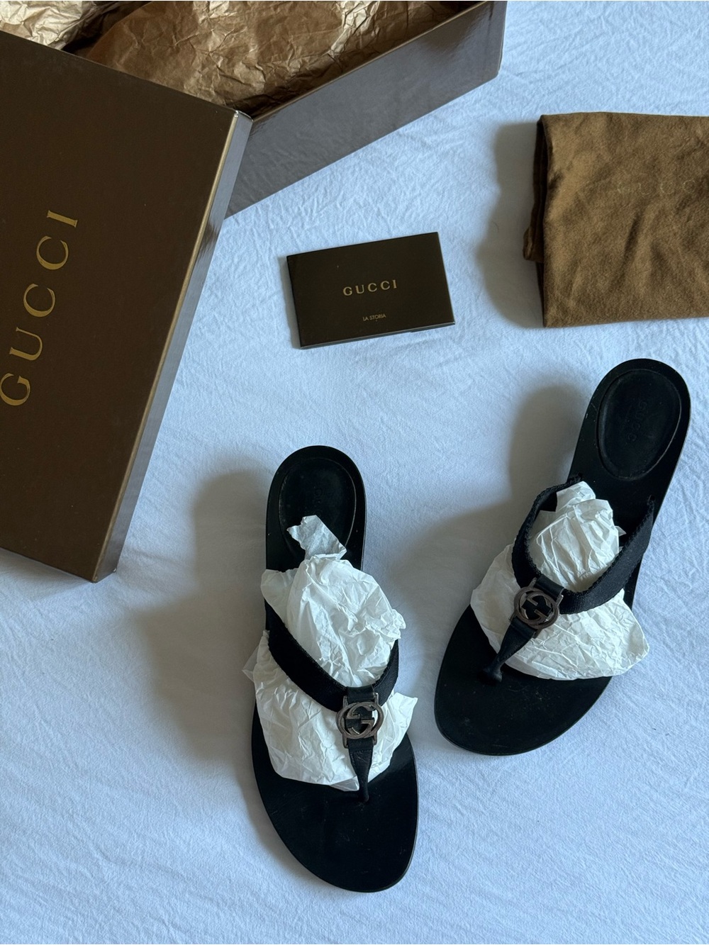 Vintage Gucci Tom Ford Era Black GG logo Thong Sandals/Mules on kitten heel